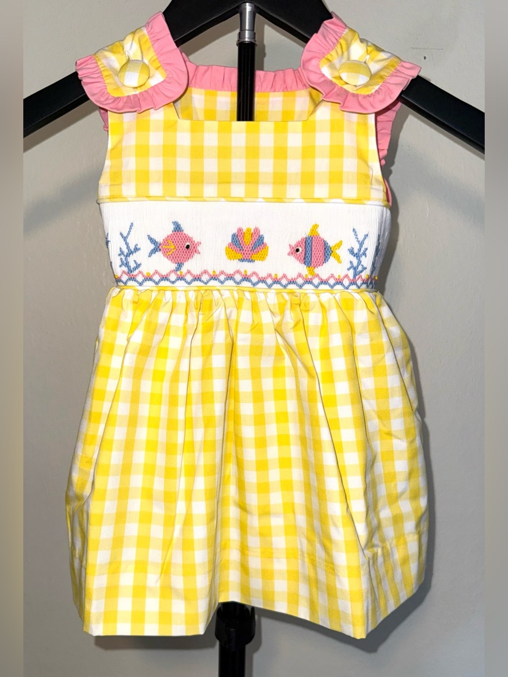 Stitchy Fish Fish Frills Smocked Dress in Yellow & White Gingham, size 18mo NWT
